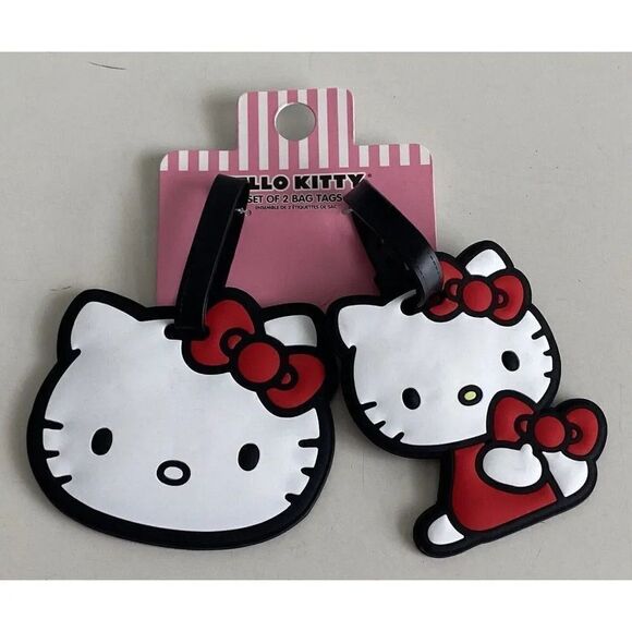 2 Piece HELLO KITTY SANRIO RUBBER SCHOOL ID BACKPACK LUGGAGE BAG TAGS SET New - Picture 1 of 13